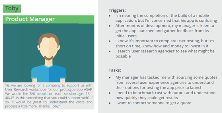 A high-level user profile of Toby, a product manager, detailing their triggers and tasks upon arriving on Experience UX's website