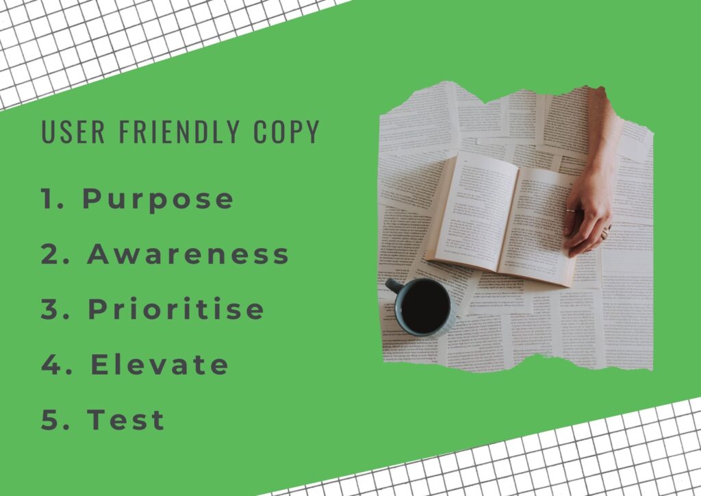 User friendly copy = Purpose, Awareness, Prioritise, Elevate, Test.