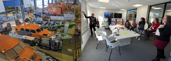 A montage of two photos. On the left, the RNLI All Weather Lifeboat factory in Poole. On the right, The RNLI UX and EUX teams around a boardroom table looking at a white board.