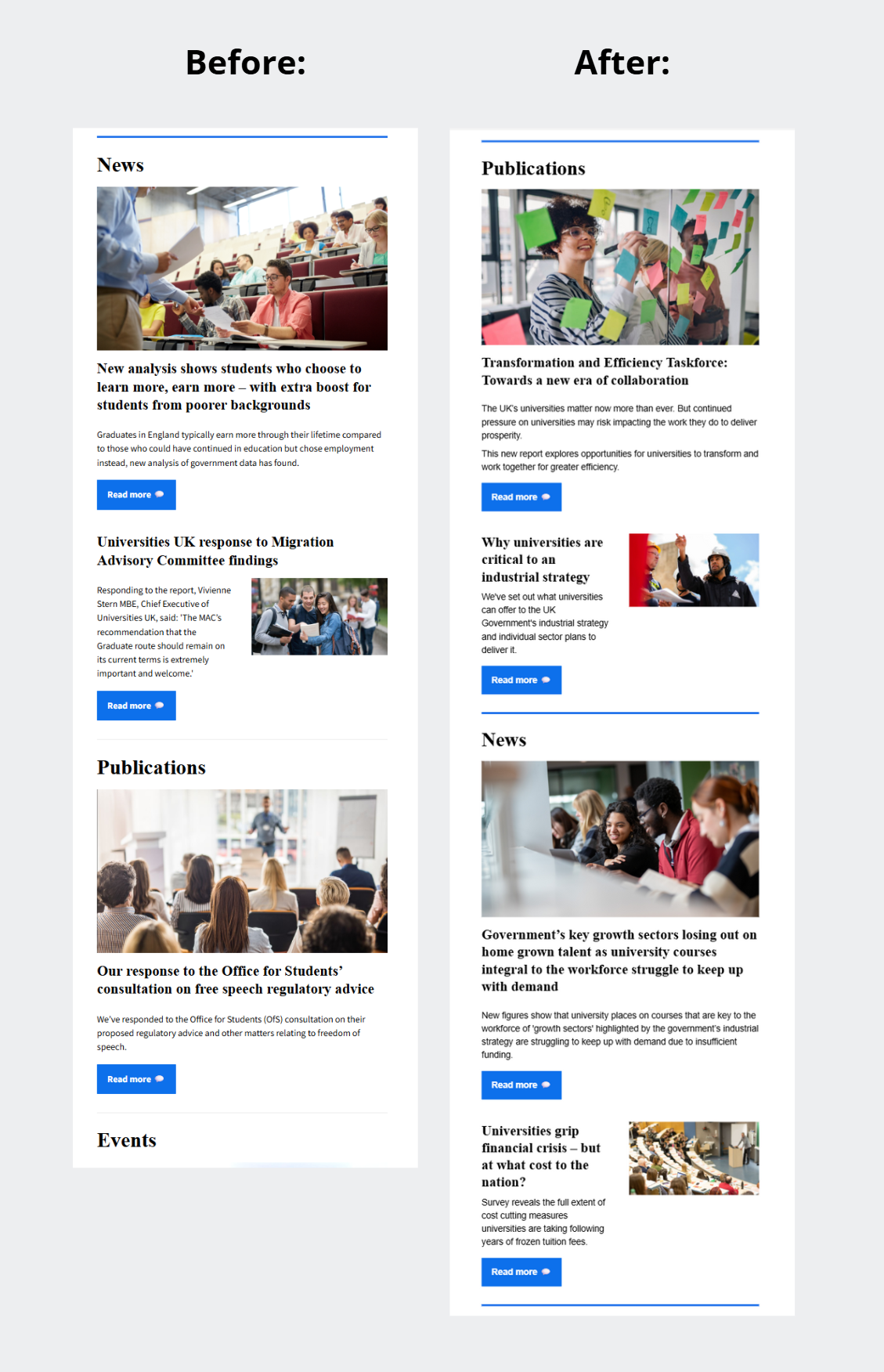 UUK Newsletter before and after focus on layout of sections in the email.