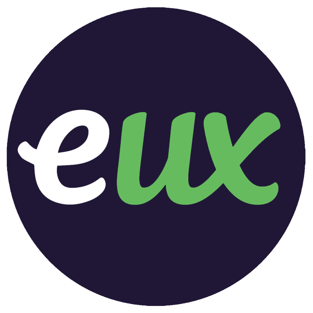 EUX Roundel - white e with a green ux against a deep purple background